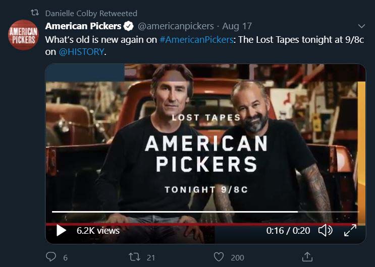 Screenshot of Danielle promoting American Pickers.
