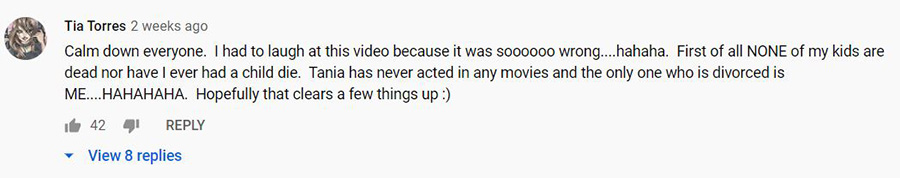 Screenshot of YouTube comment of Tia Torres.
